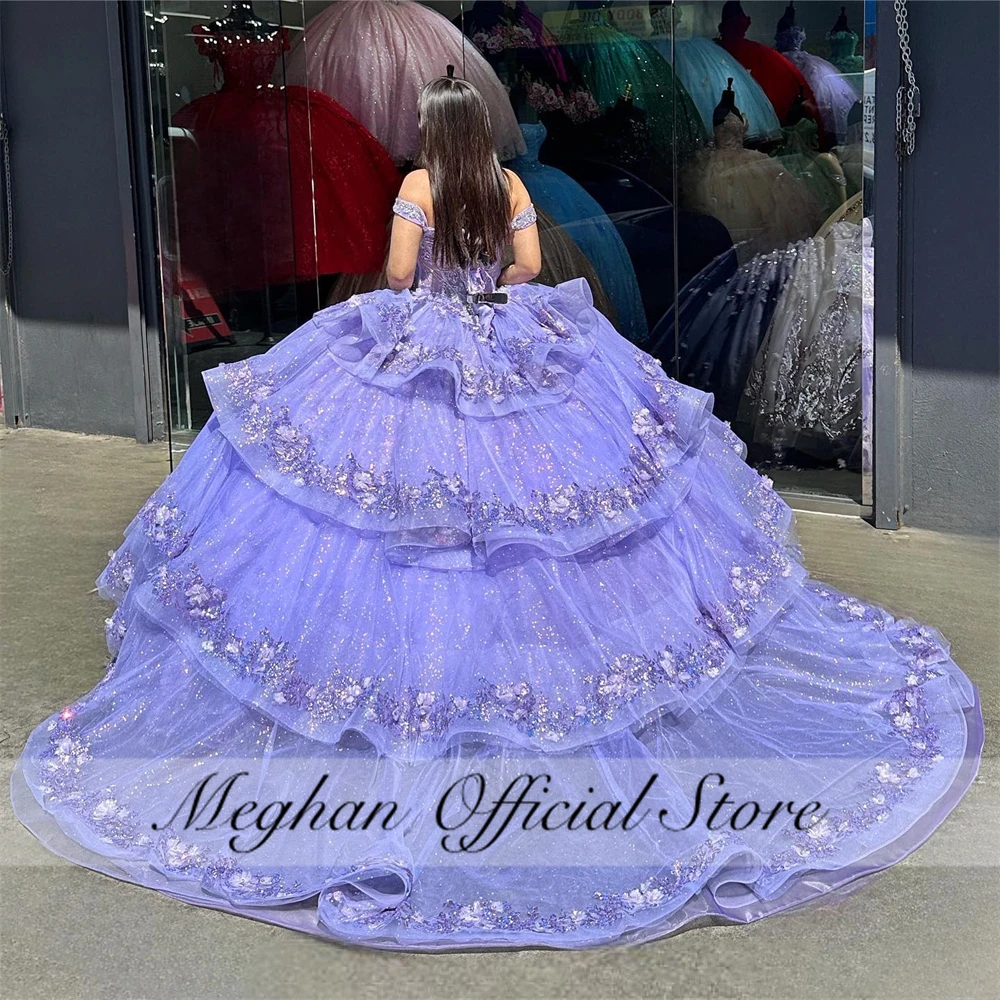 Purple Off The Shoulder Quinceanera Dress 2024 Beaded Corset Prom Dress Ball Gown 3D Flowers Sweet 16 Robe De Bal Customized