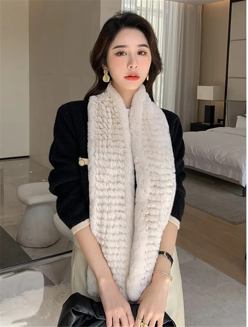 Real Rex Rabbit Fur Collar Women's Long Rectangle Scarf Soft Neck Wamer Wraps for Cold Winter