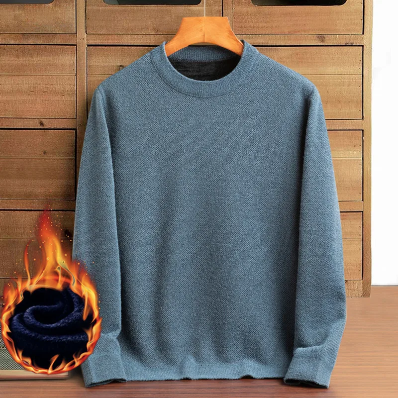 

Autumn Winter Men's Round Neck Solid Flocking Screw Thread Formal Lantern Long Sleeved Sweater Knitted Bottom Casual Loose Tops