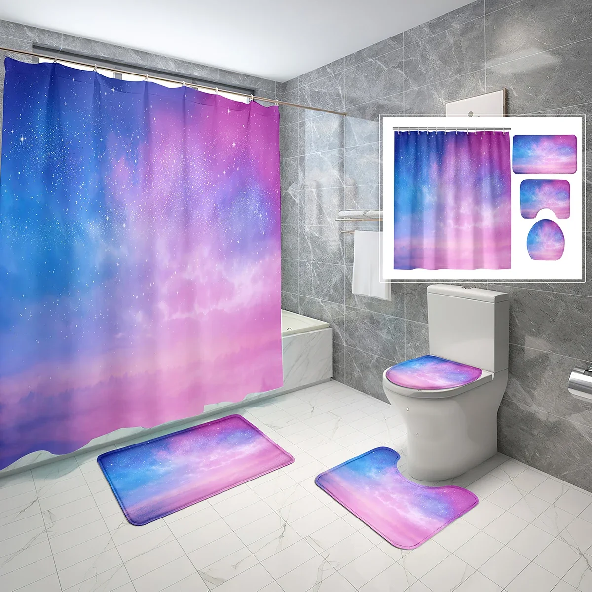 4 Pcs Pink Starry Sky Shower Curtain Set Anime Aesthetic Art Style Non-slip Bath Mat Toilet Lid Waterproof Shower Curtain Sets