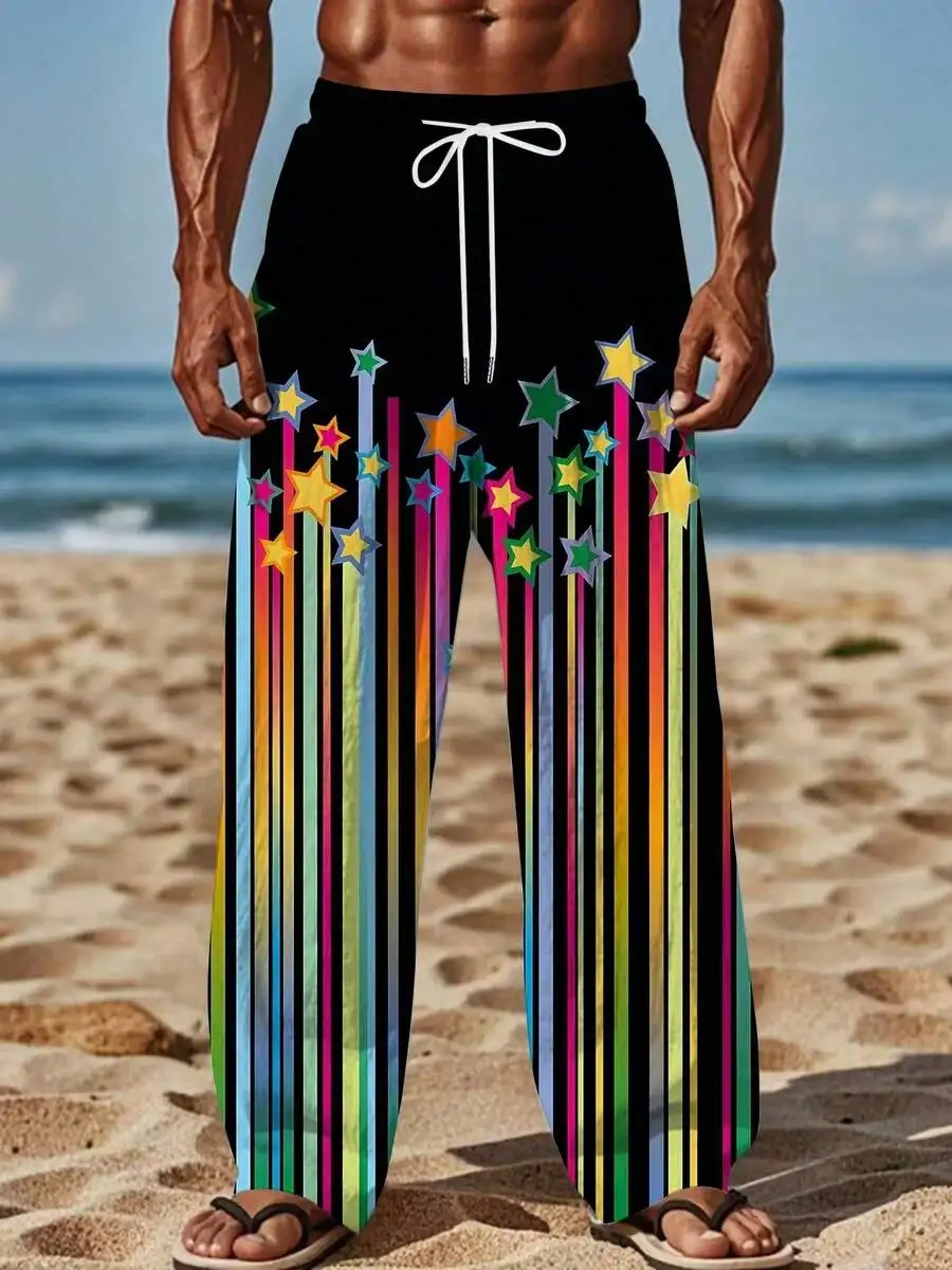 Mens Colorful Star Print Drawstring Loose Beach Shorts Summer Casual
