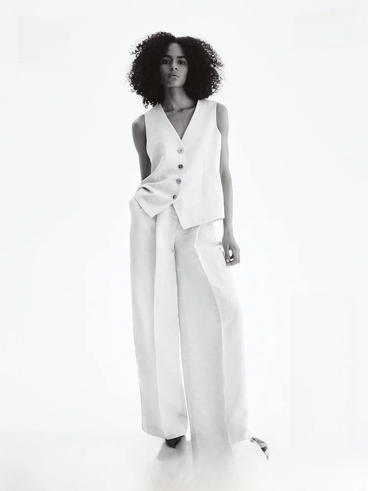 

H&M Women's Summer Mixed Fibre Linen Trousers Comfortable Fashionable Formal Pants for Ladies