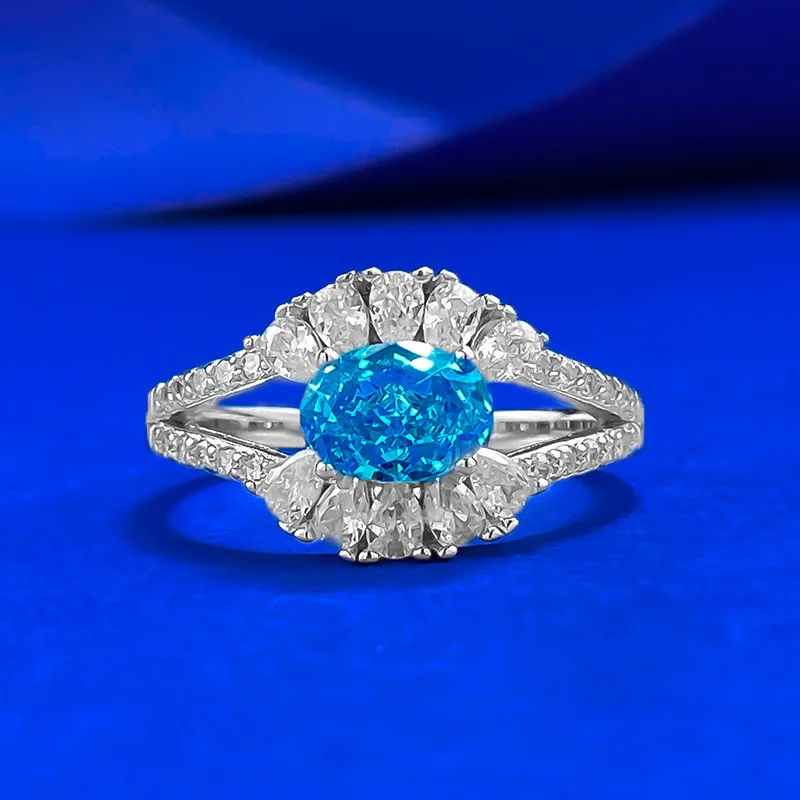 

S925 silver high-end and cool style inlaid with 5 * 7mm pigeon egg sea blue treasure ring, versatile in temperament