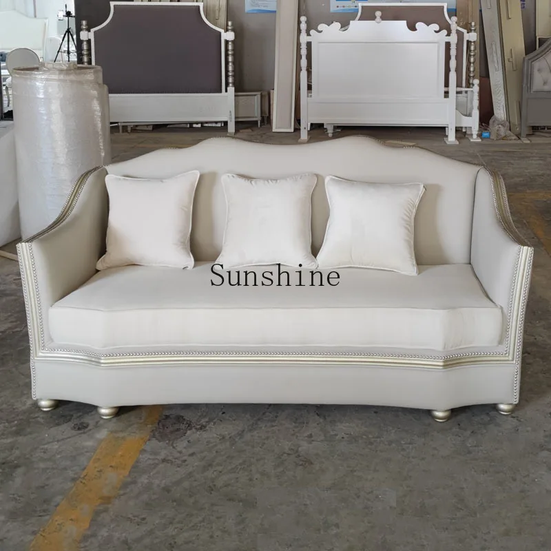 

American classic light luxury small apartment living room leather cloth combined with champagne high-end three-person sofa