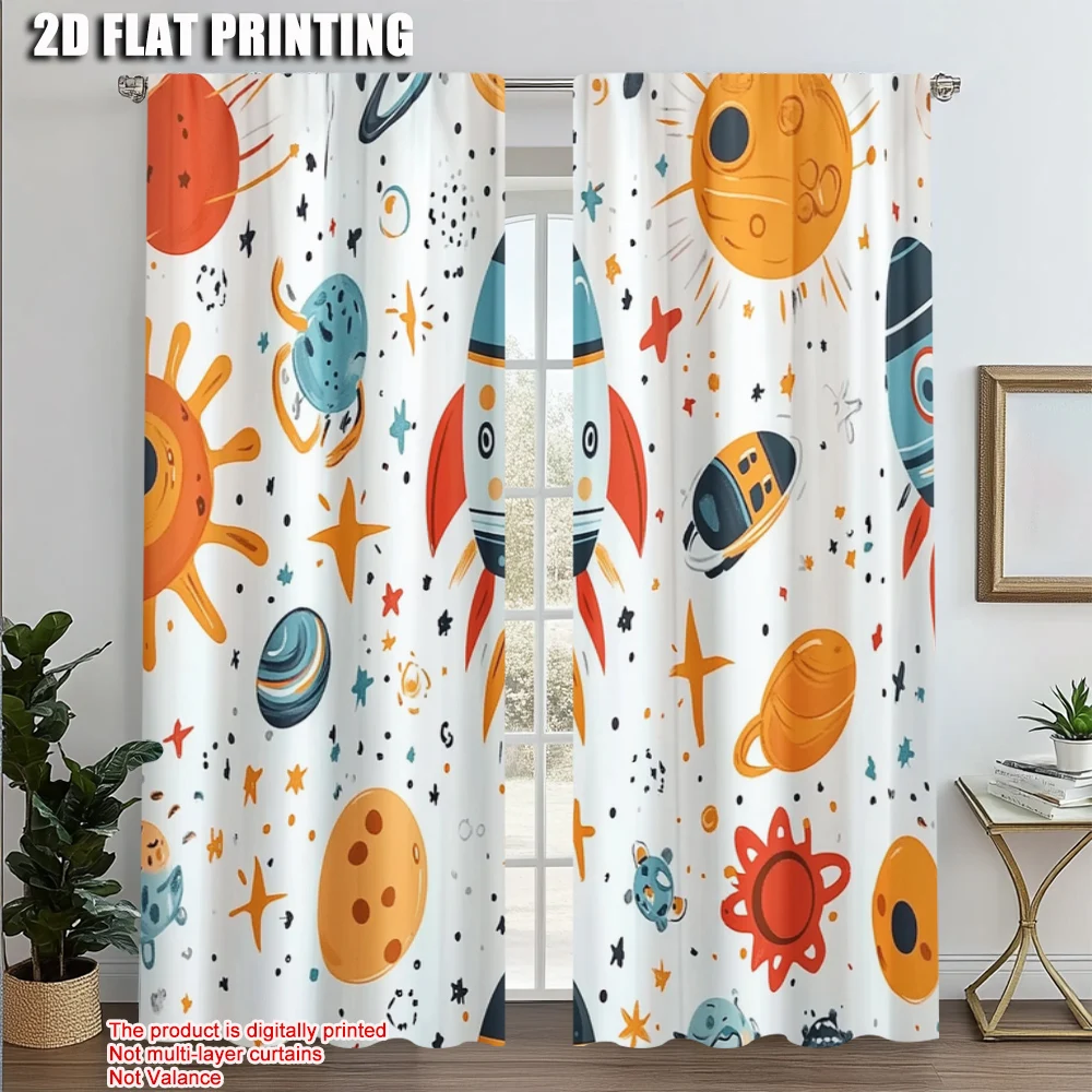 2pcs, Curtain Popular 2D plane printing Cartoon spaceship Rocket Versatile Fabric (without rod) Festive Perfect for Living Room