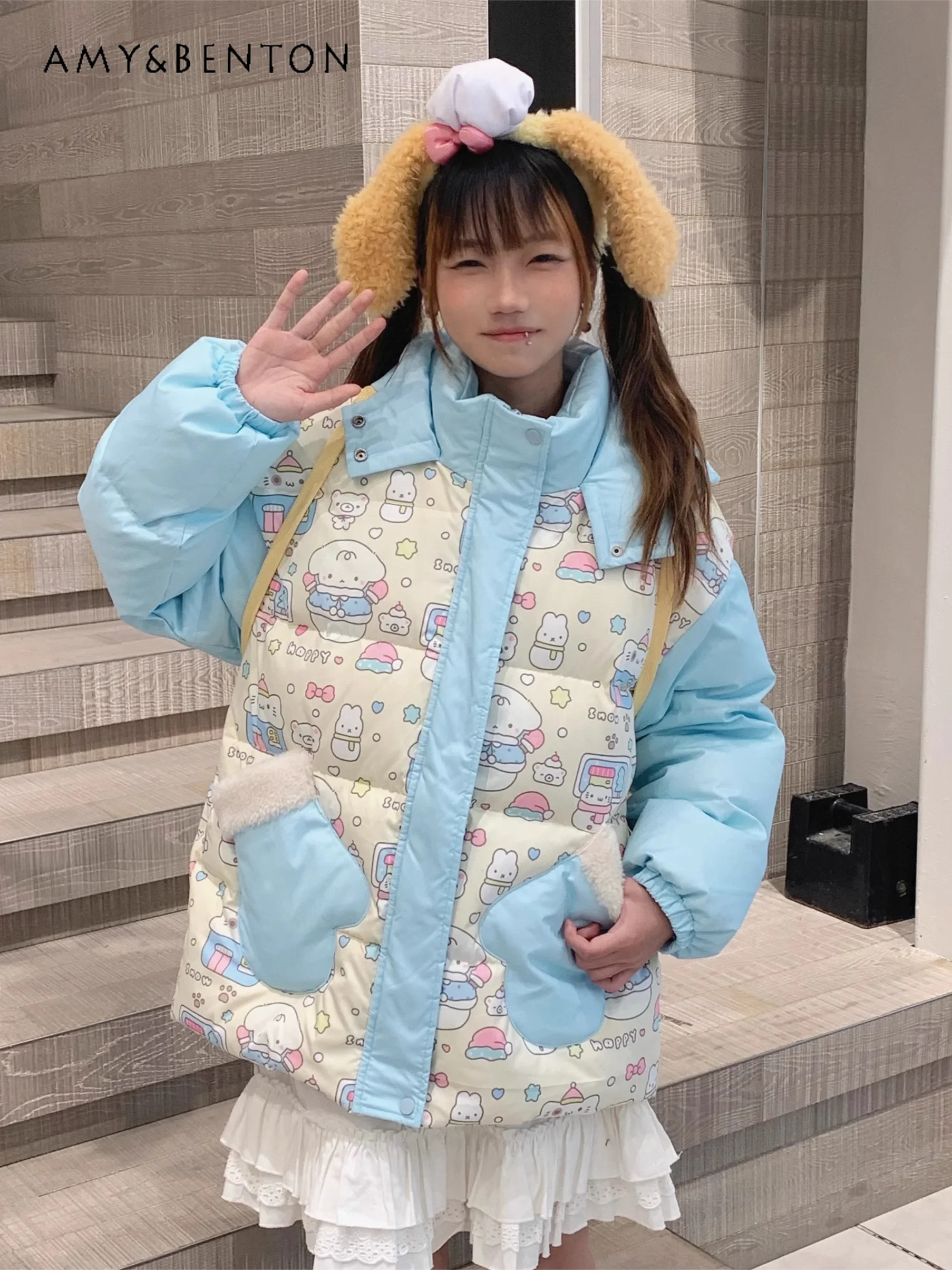 

Original Cute Snowman Cartoon Print Down Jacket Fleece Thickened Warm Jacket Women Sweet Cool Girl Splicing Color Hooded Coat