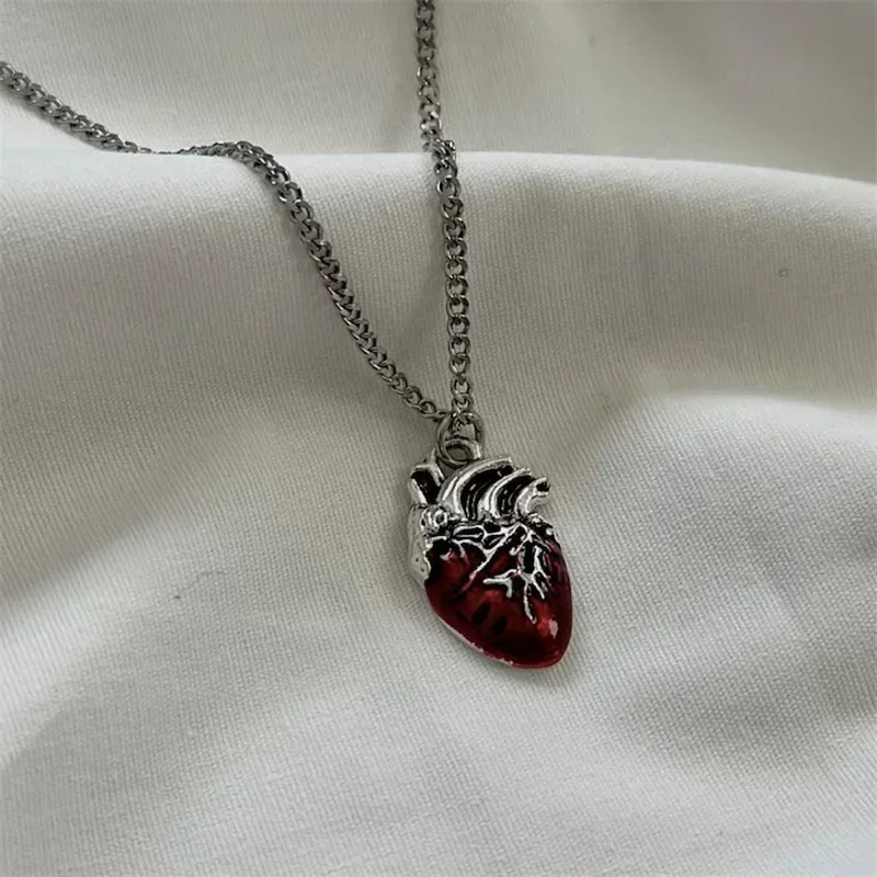 Anatomical red heart necklace gothic y2k grunge jewelry dainty silver color tonebloody red human heart pendant personalized gift