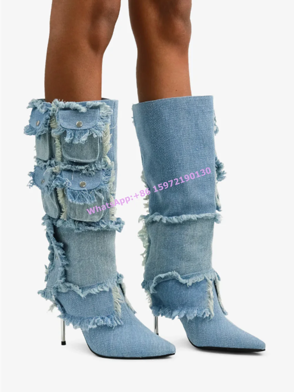 

Distress Denim Blue Knee High Boots Pocket Metal Heels Pointy Toe Solid Long Winter Shoes Fashion Ladies Button Chic Shoes