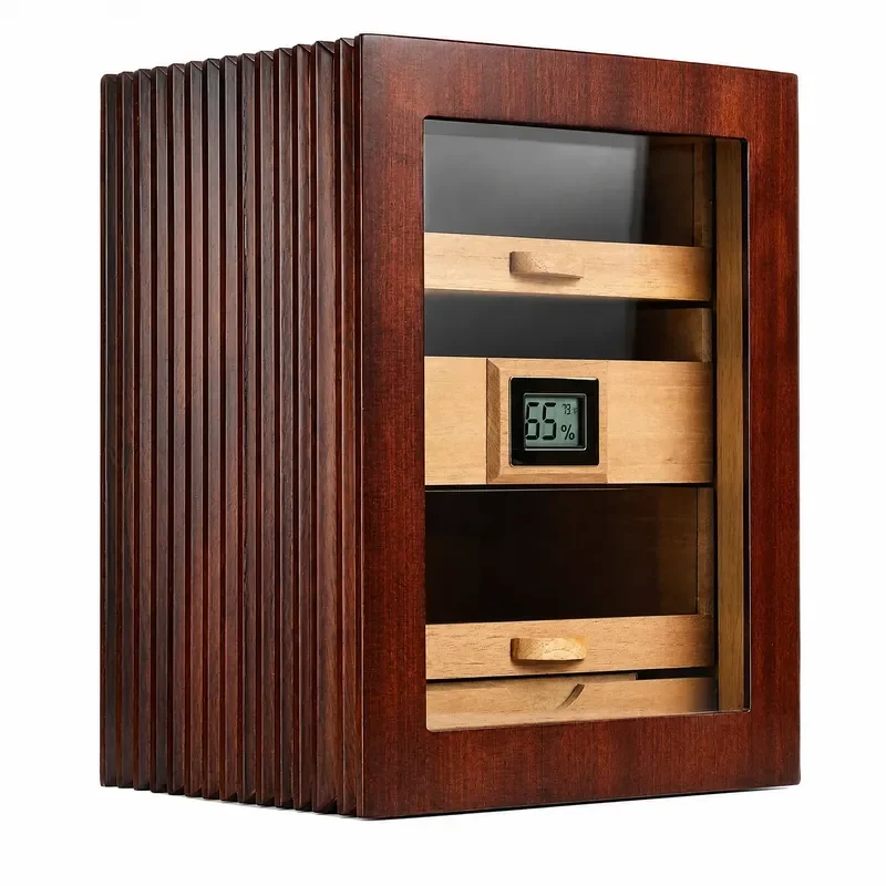 Vintage Spanish Fir Cigar Box Cabinet with 3 Drawers Luxury Piano Lacquer Finish Digital Hygrometer Humidor Storage Case for