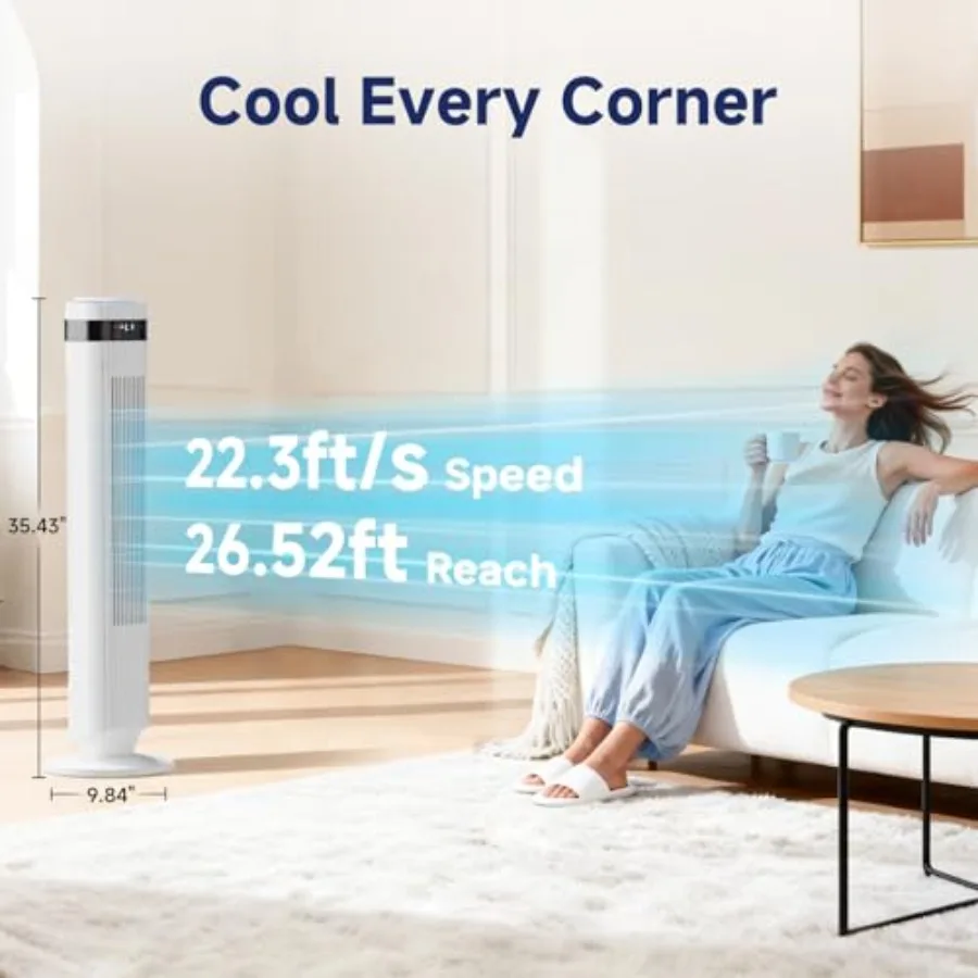 Tower Fan for Bedroom: White Quiet Floor Standing Fan with Bladeless Design, 28dB Noise Level, Remote Control, 12H Timer, 5 Spe