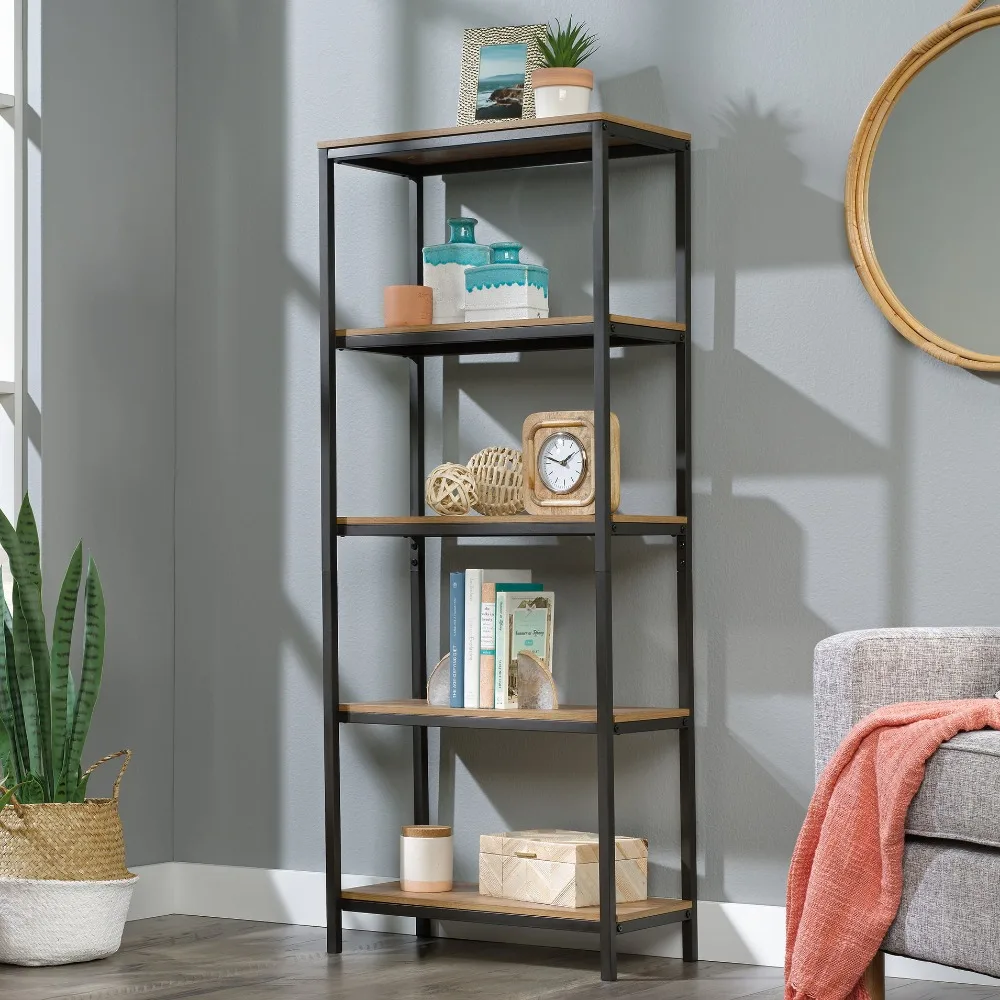 

Book Shelf Charter Oak Finish Bookshelf Free Shipping Tall Metal Frame Bookcase Bookcase for Books Storage Shelves Living Room