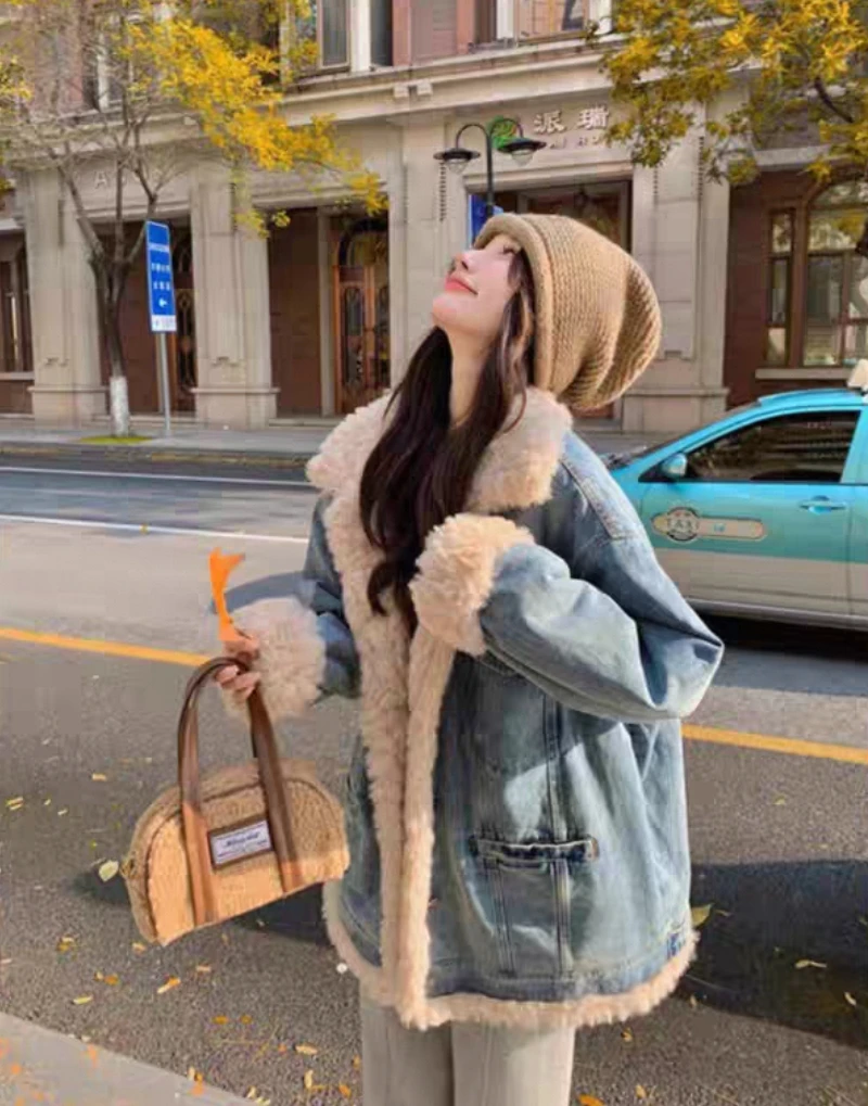

Denim Coat Good Quality Fur Plush Womens Autumn Anti-Wrinkle Regular-Fit Standneck Preppy Style Daily Urban Comfort Snap Button