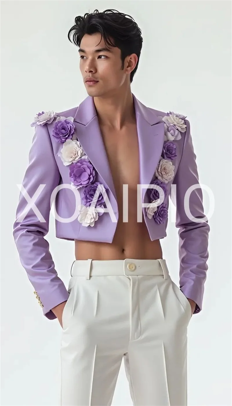 Purple White Men Suits Set 2 Pieces Blazer+Pants Trousers 3D Flower Customized Wedding Tuxedos Formal Office Jacket Coat