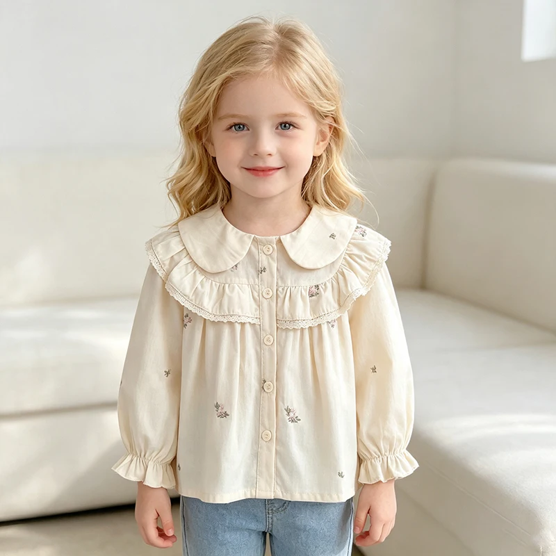 Baby Girl Floral Blouse Lace Ruffle Long Sleeve Shirts Infant Cotton Loose Sweet Cream Color Kid Casual Tops Spring Autumn