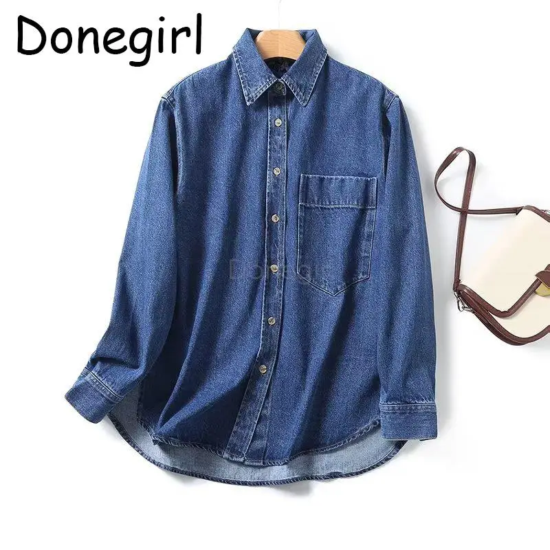 Donegirl 2024 Autumn New Women Simple Versatile Single-breasted Denim Shirt Coat Pocket Loose Casual Commute Blouses Tops Chic