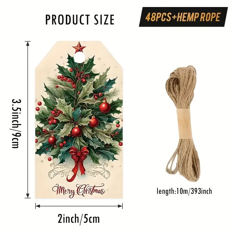 

48pcs Elegant Christmas Gift Tags with Hemp Rope Pastel Pink Holiday labels, Merry Christmas Text for Presents