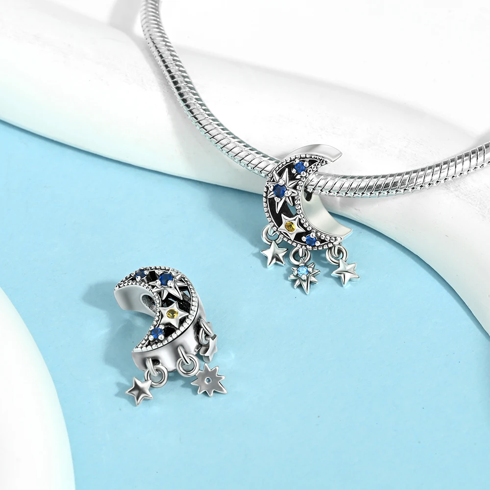 925 Sterling Silver Spacer Bead Charm Romantic Floral Sentimental Star Moon Heart Inlaid Gem DIY Bracelet Part Gift Fine Jewelry