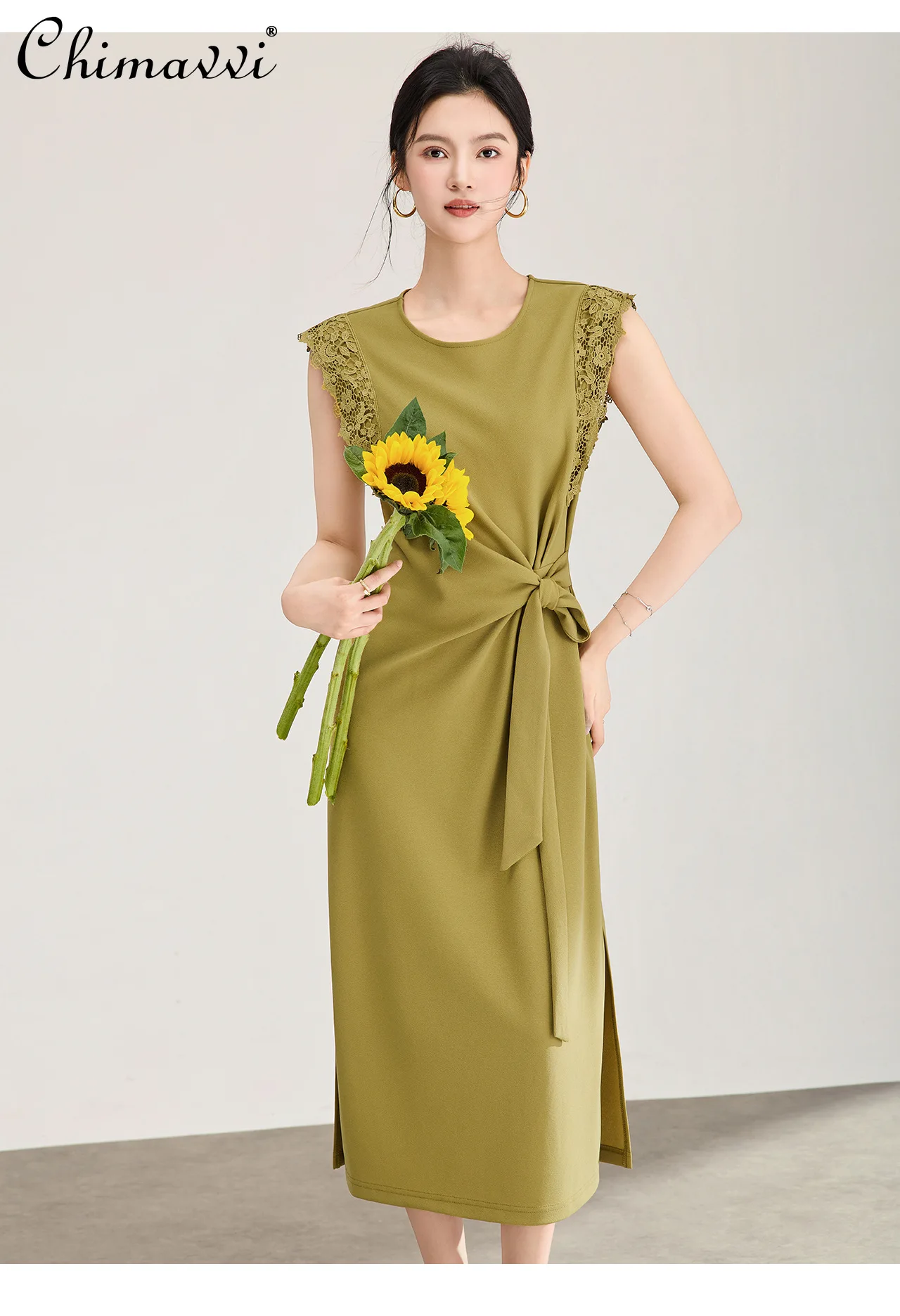 French Elegant Temperament Simple Dress Round Neck Sleeveless High Waist Belt Slim Lace Splicing Long Dress Women's Summer 2026