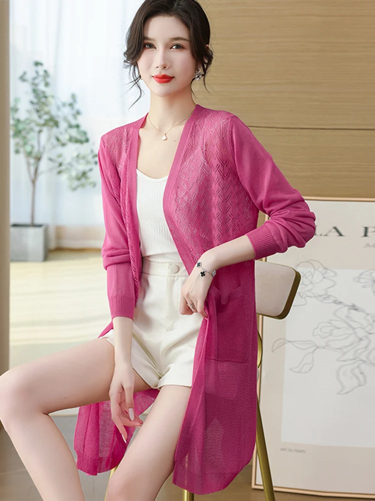 High Quality Mid Length Jacket, Ice Silk Knitted Cardigan, Women's Summer Thin Cut Hollow Outer Layer, Sun Protection Top