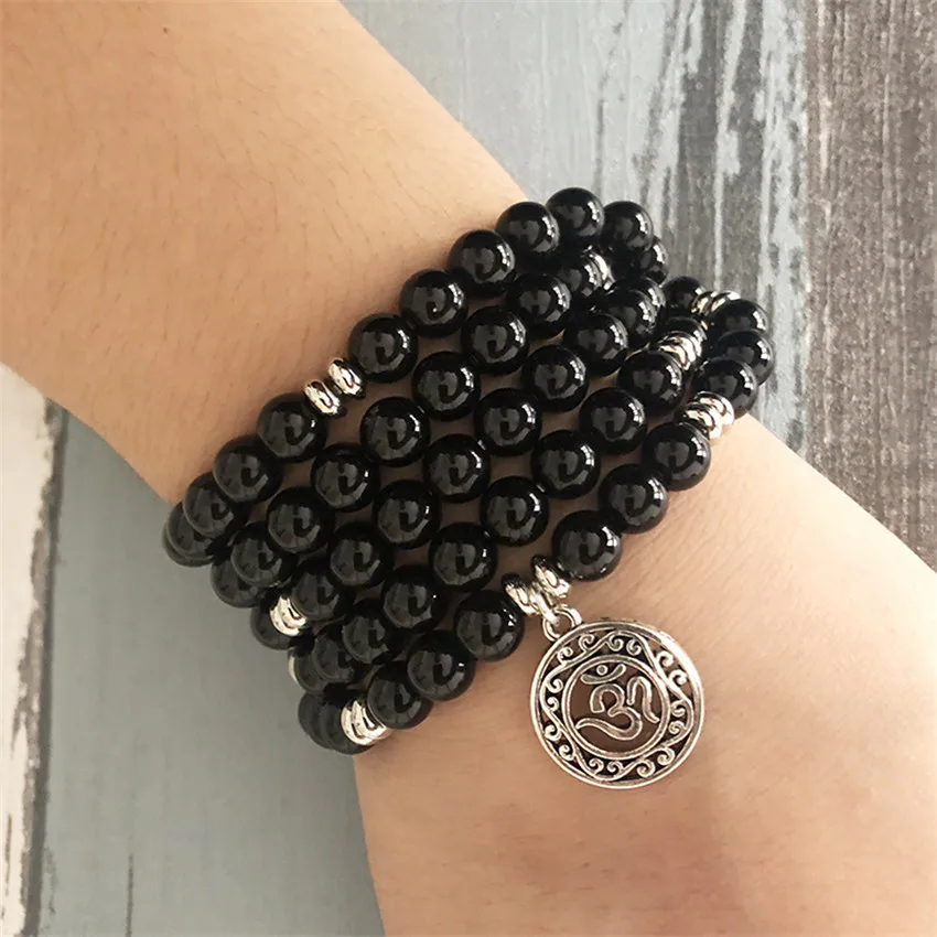 6mm black agate 108 Beads Lotus mala bracelet Pendant Unisex Stones Fragrant Peace Chain Wrap Mala Prayer