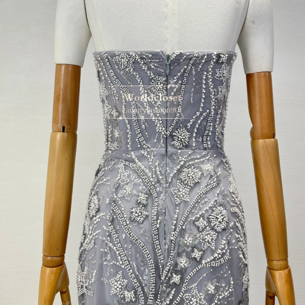 

2025 New Silvery Sleeveless Beading Slit Hem Tube Maxi Dress