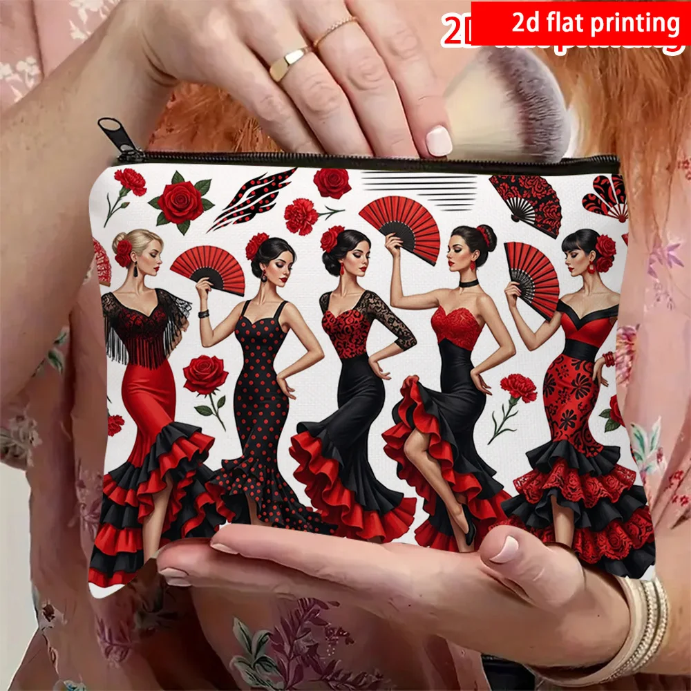 Bolsa de Maquillaje con Estampado de Vestido de Flamenco Español, Impresión Plana 2D, 1 Pieza, Apta para Uso Diario Femenino, Bolsa de Almacenamiento con Temática Española