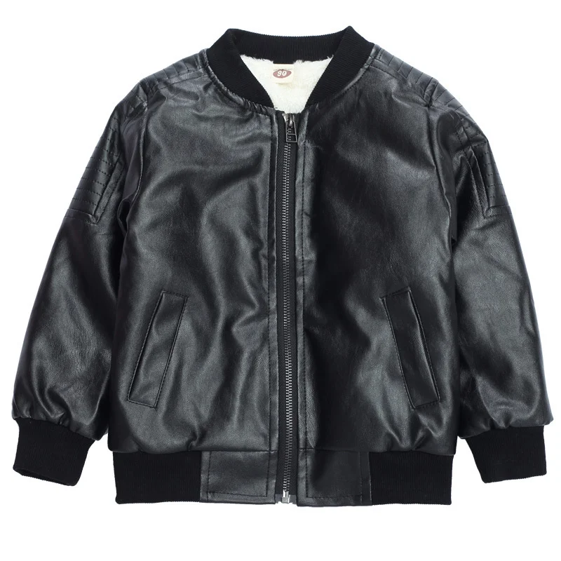 Children Fashion Warm Leather Jacket Kids Trend Versatile Solid Thick Zipper Coats Boys Winter Outdoor Plush Thermal Outerwear
