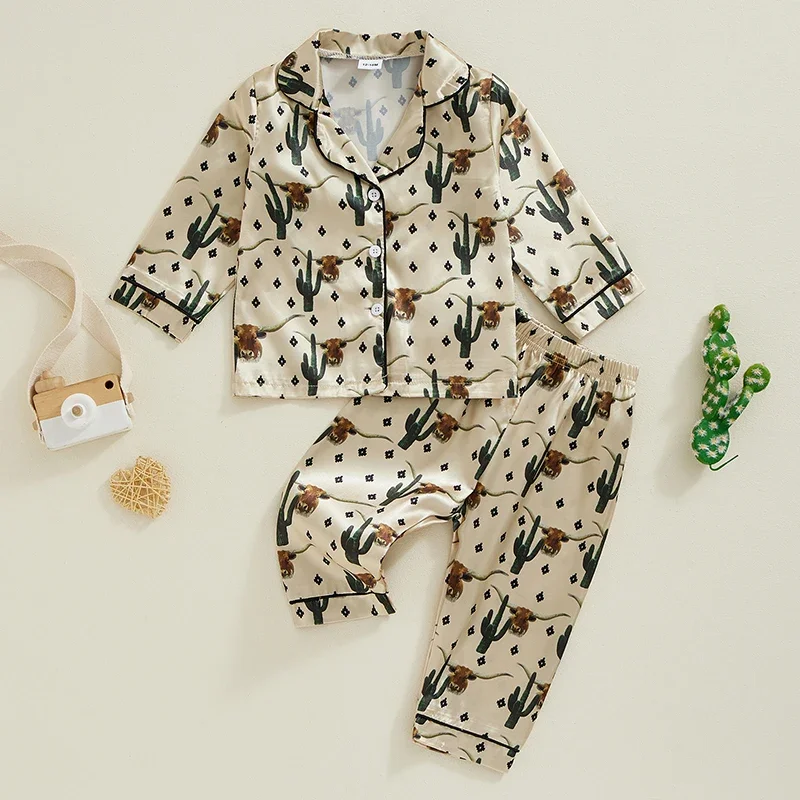 Children Kids Baby Boys Satin Pajama Sets Cactus Cattle Cattle Print Long Sleeve Button Down Tops Elastic Waist Pants Loungwear