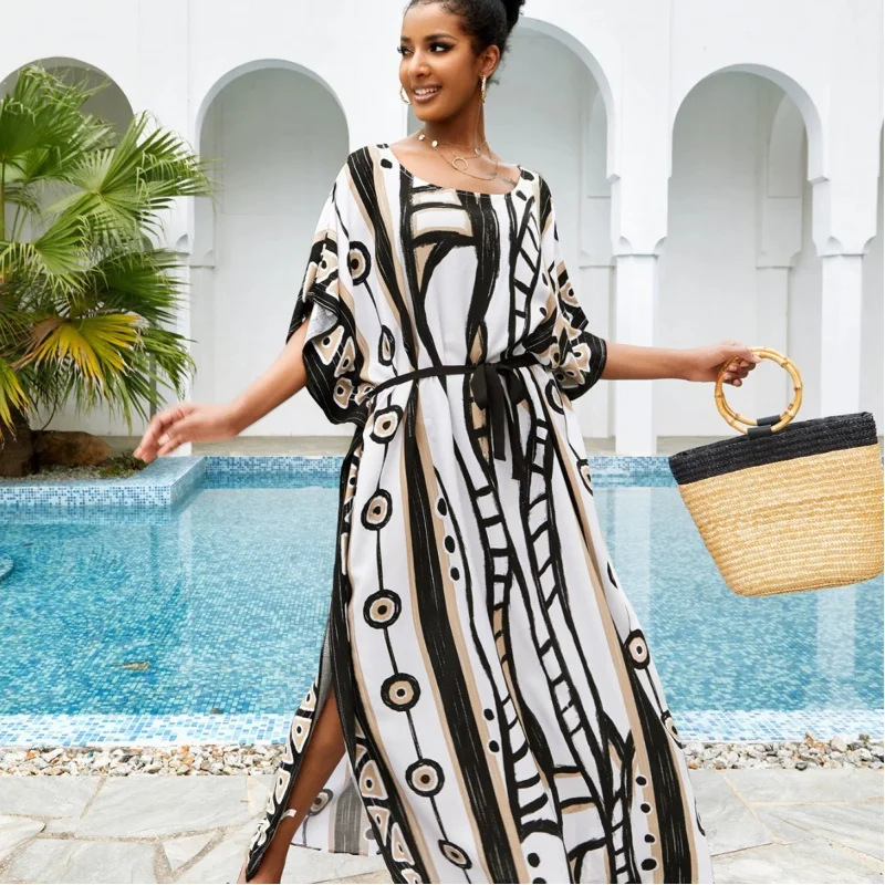 2024 Summer Women Boho Chic Printed Batwing Sleeve Kaftan Oversize House Dress Side Split Sexy Beachwear Swimsuit Cover Up