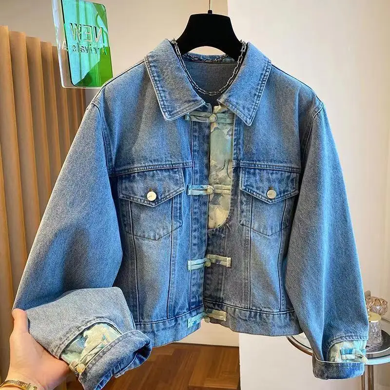 Women's Autumn Denim Jacket Casual Blue Jeans Jackets Loose Washed Vintage Long Sleeve Guofeng Buckle Cowboy Coat Female Outwear