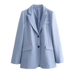 Tangada 2024 Women Blue Elegant Blazer Jacket Buttons Long Sleeve Ladies Suit QD0121