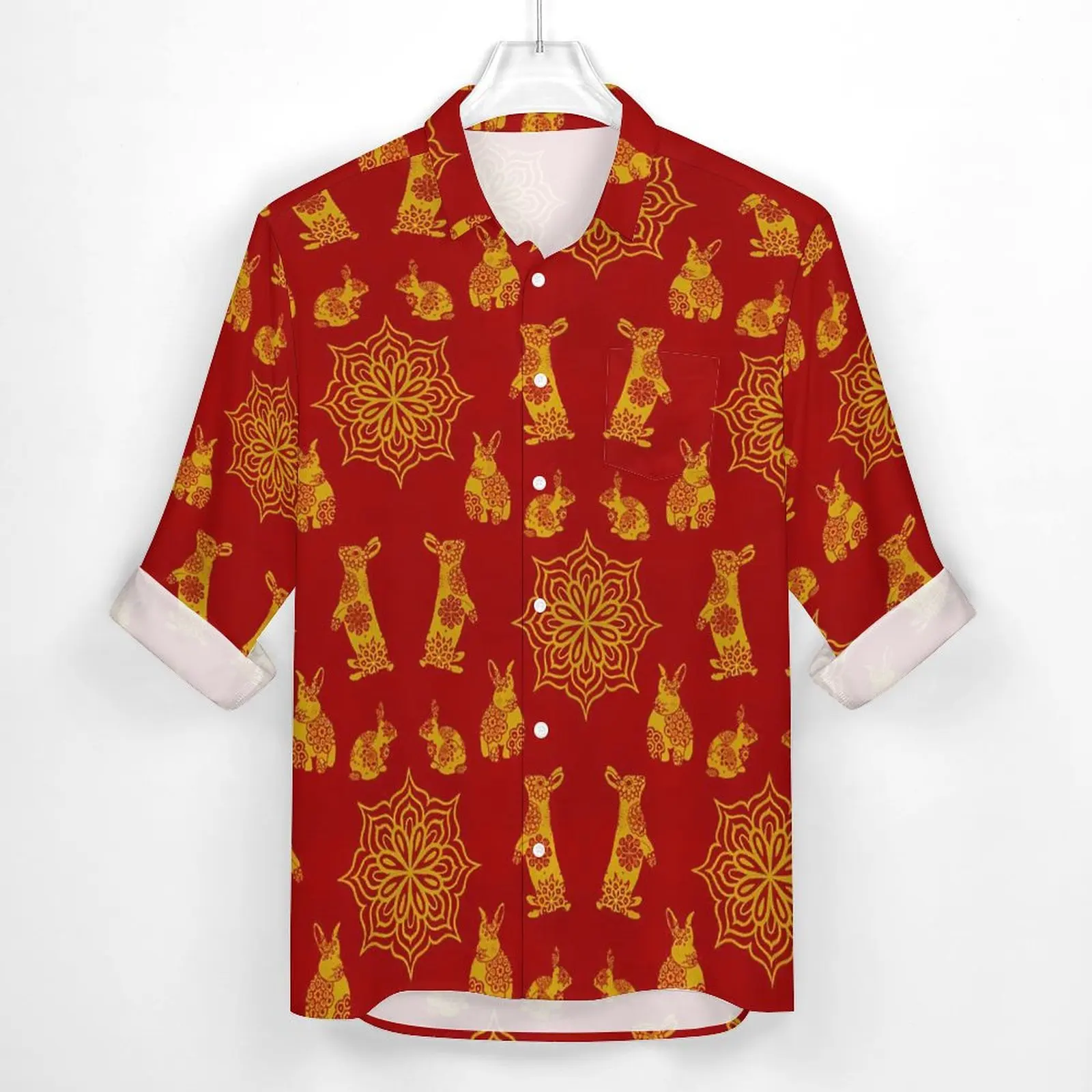 Year of The Rabbits Shirt Men Gold Mandala Casual Shirts Autumn Y2K Custom Blouses Long Sleeve Cool Oversized Clothing Birthday