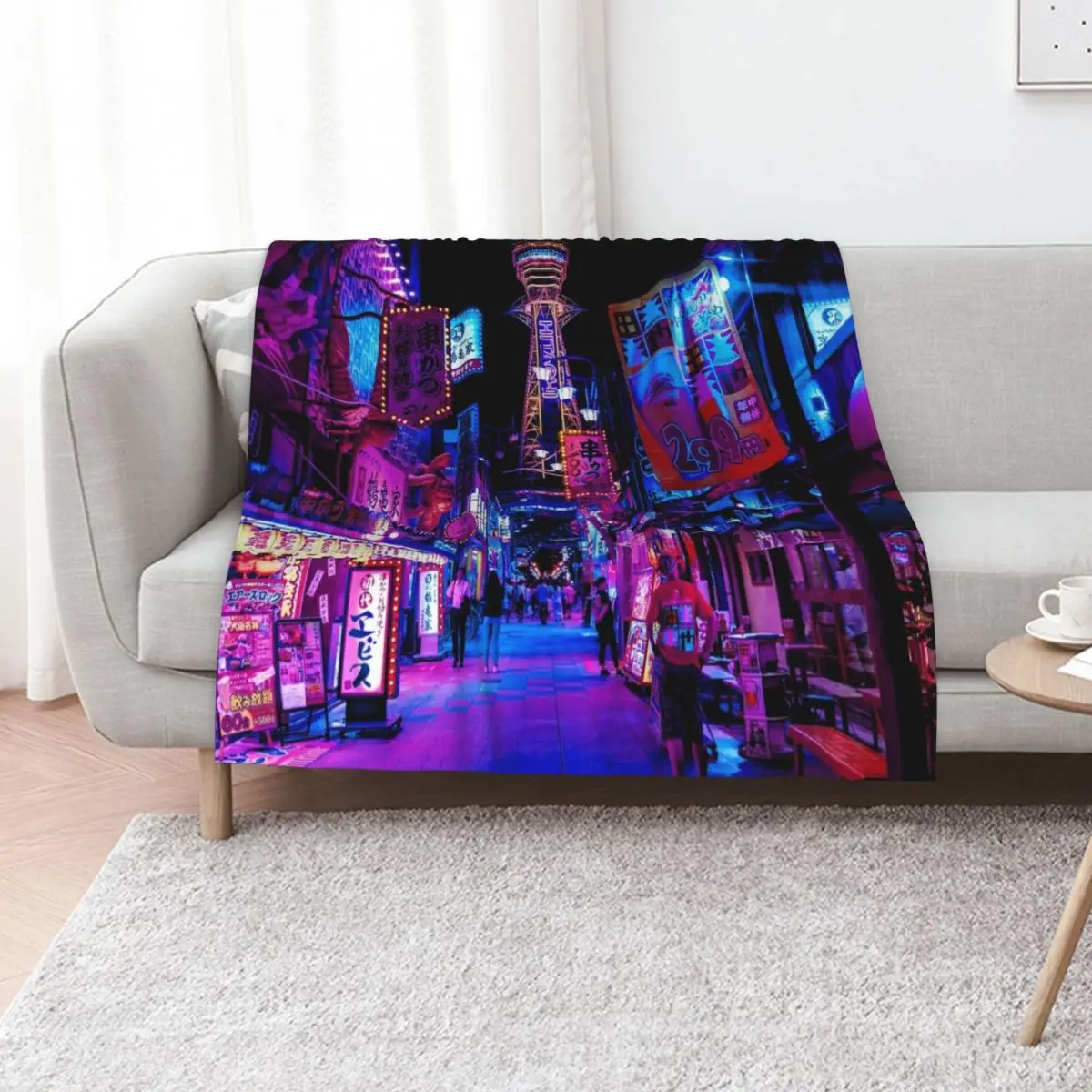 Osaka's Neon Paradise Throw Blanket Retros Decorative Sofas Sofa Throw Polar Tourist blankets and throws Blankets