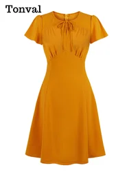 Tonval Vintage Bow Tie Neck High Waist Orange Dresses for Women Short Sleeve Elegant Cocktail Fit and Flare Summer Party Dress