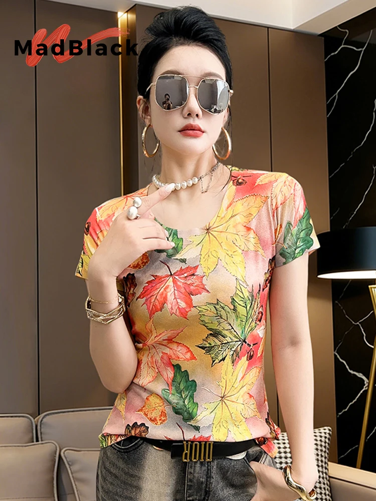 MadBlack-Women European T-Shirt, Sexy O Neck Maple Leaf Print, Workwear Short Sleeve Slim S-3XL Thin Tee, 2026 Summer T66476CC