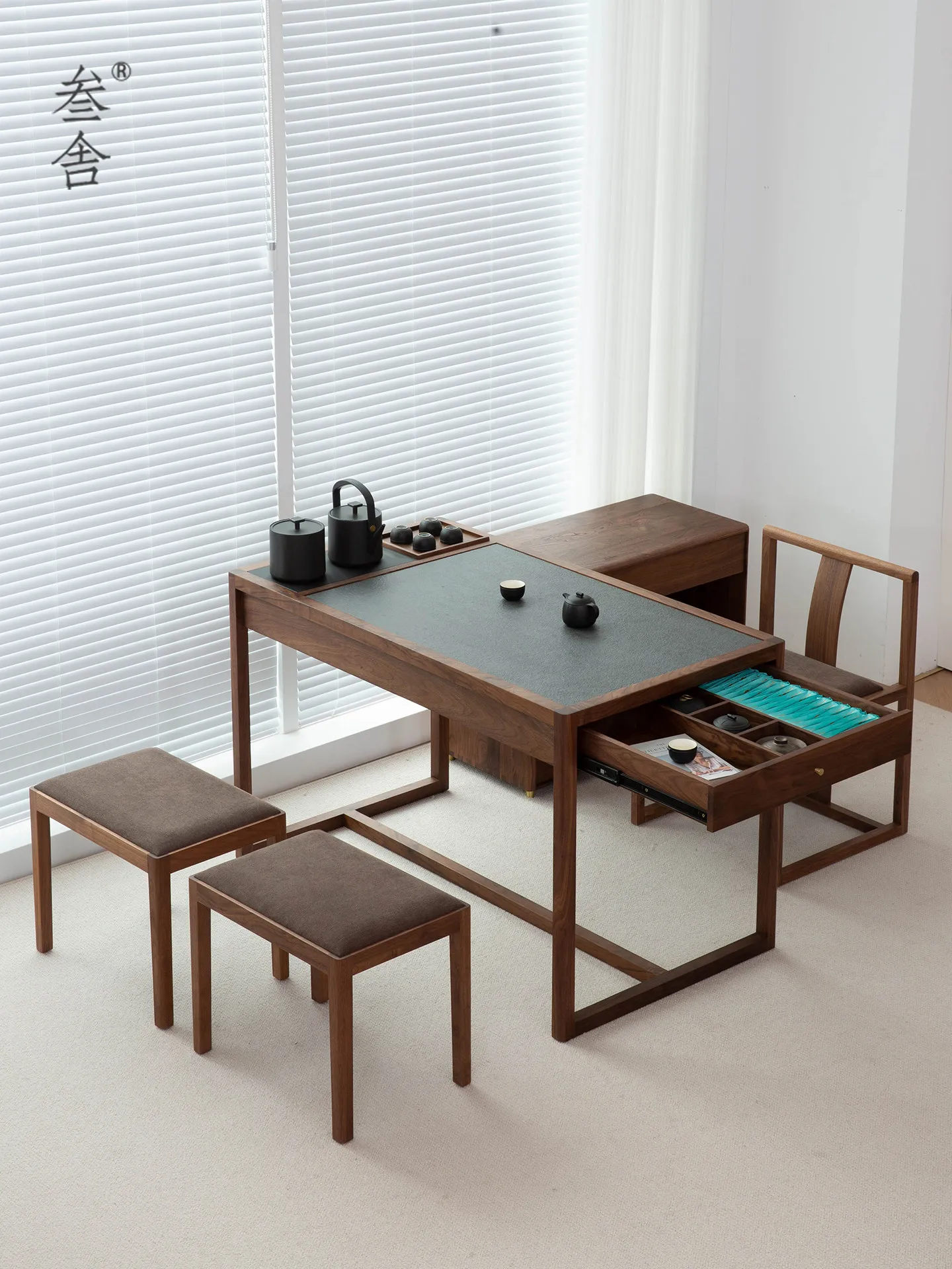 CX solid wood small apartment balcony tea table rock slab new Chinese style with boiling water household storage tea table