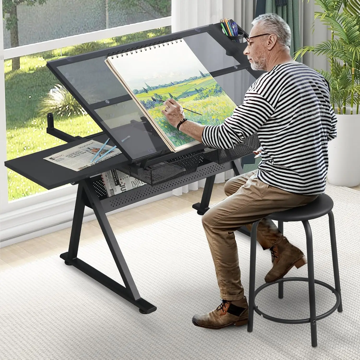 Black Drafting Table Desk w/Stool, Painting Table Art Craft Desk Crafting Table with Tilting Tempered Glass Top, 2 Storage Drawe