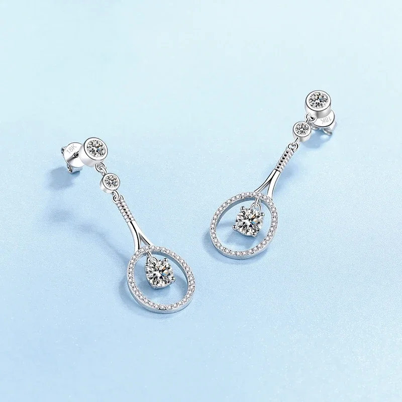 Girl Birthday Gift 18K White Gold Tennis Racket Shape Drop Earrings 1CT Moissanite Diamond Women PT950 Platinum Valentine's Day