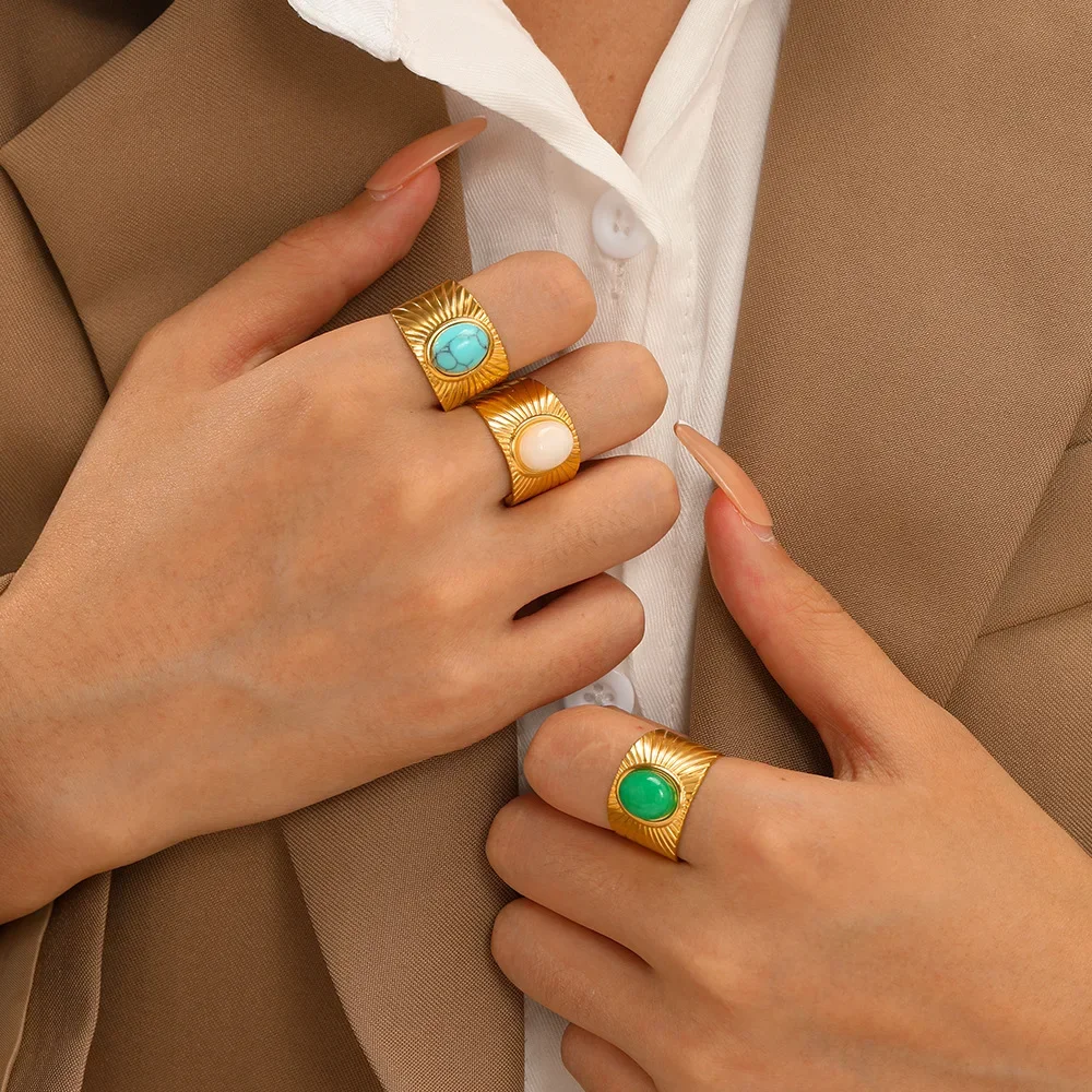 Stainless Steel Round Stone Rings For Women Vintage Colorful Ball Natural Stones Adjustable Finger Ring Jewelry Gift Bague