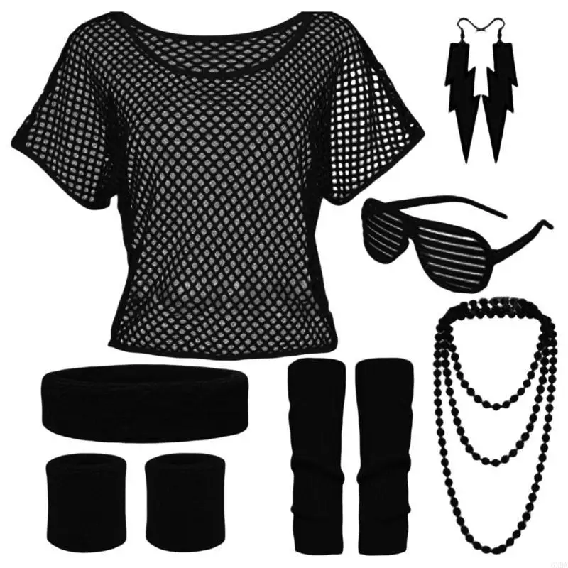 80s Fancy Dress Costume Accessories Workout Headband Earring Shirt Necklace Bracelet for 80s Retro Party Decors 6XDA