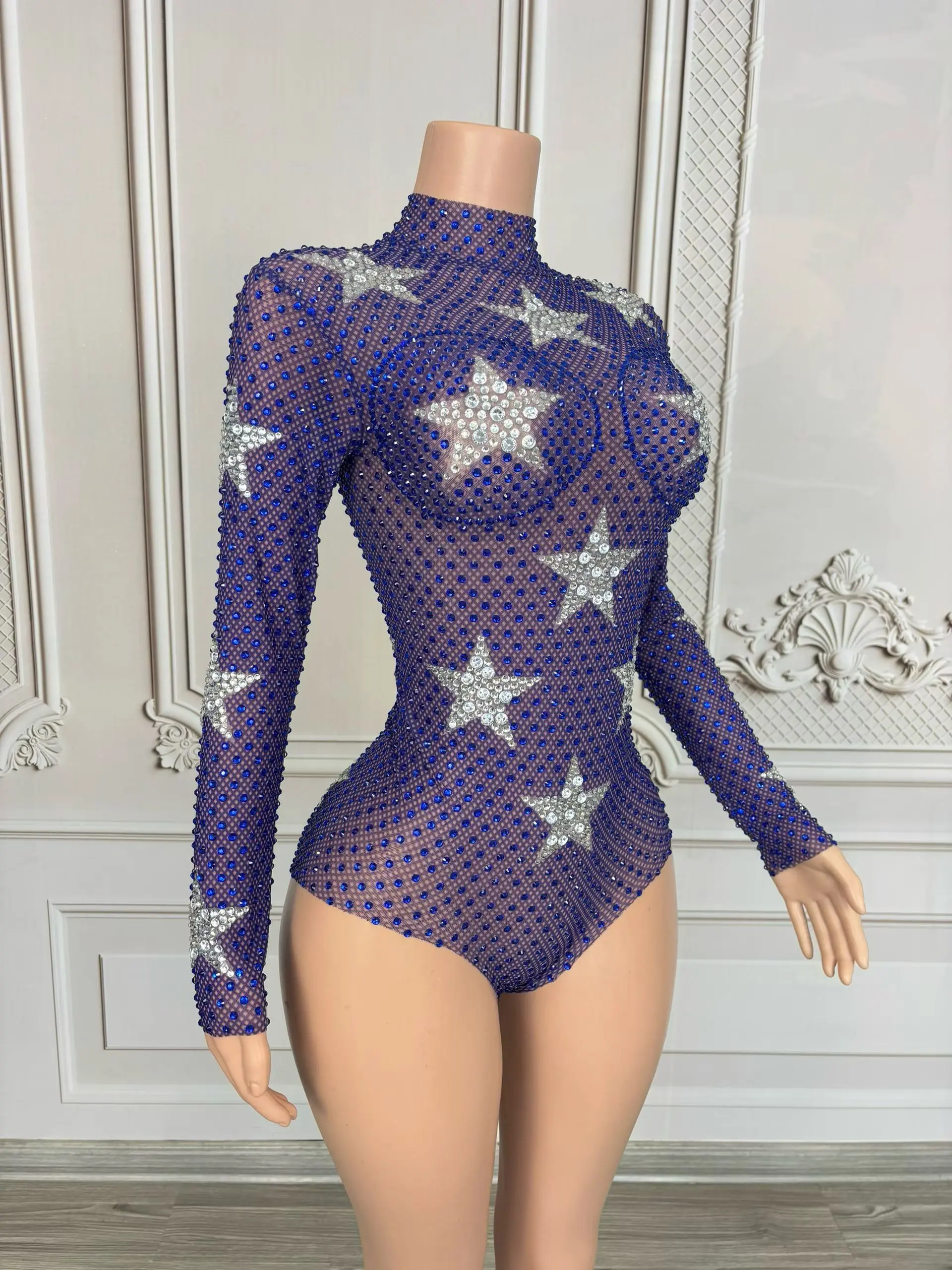 Show girl costume Luxury Party OutfitSilver Pentagram Blue Rhinestone Bodysuit See Through Mesh  High Cut Thong One Piece Leotar