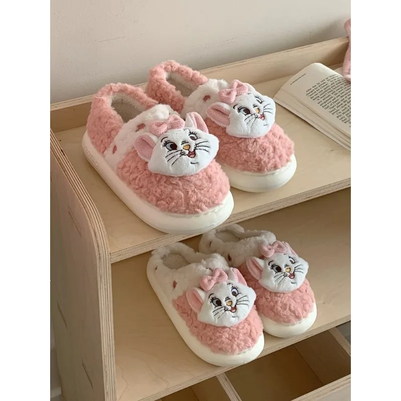 Disney Marie winter cartoon splicing plush non-slip wear-resistant flat bottom half-packed full-covered home cotton slippers