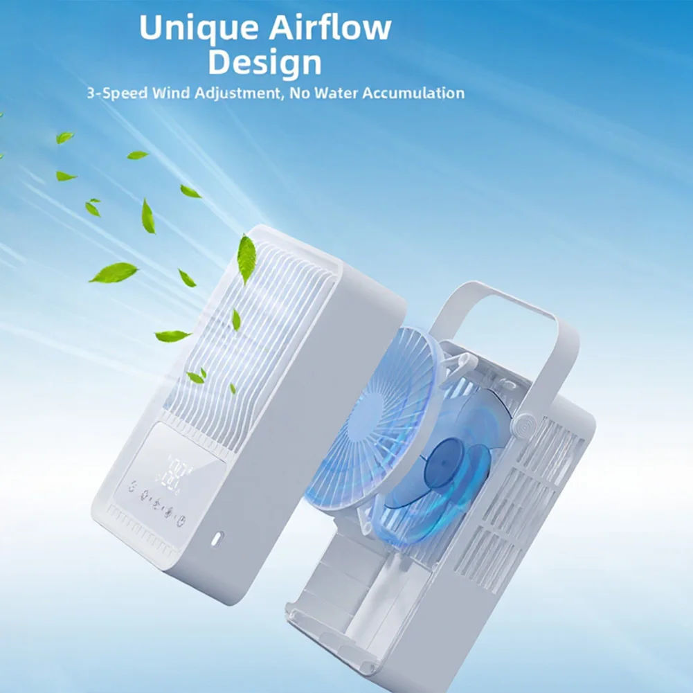 4-in-1 Misting Fan with Cooling Humidifying AC Effect and LED Light 600ml Capacity 8H Smart Timer Rechargeable