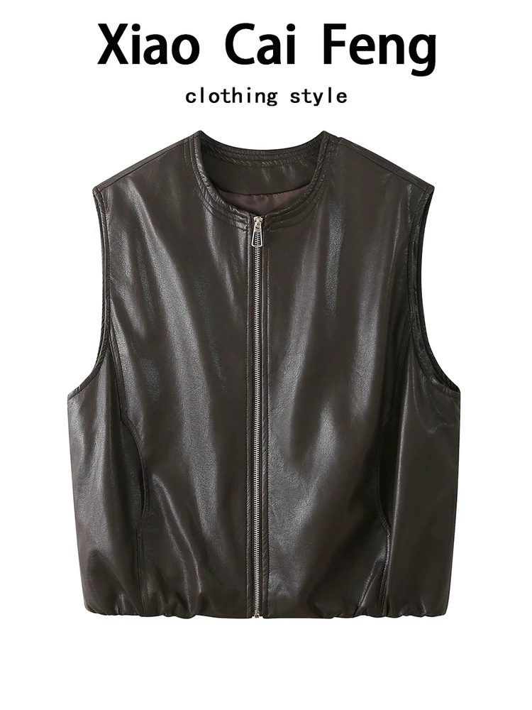 

Women's ort PU Leather Vest 2025 Autumn Commute Versatile Biker Sle No-Sve round Ne Zipper Casual Top
