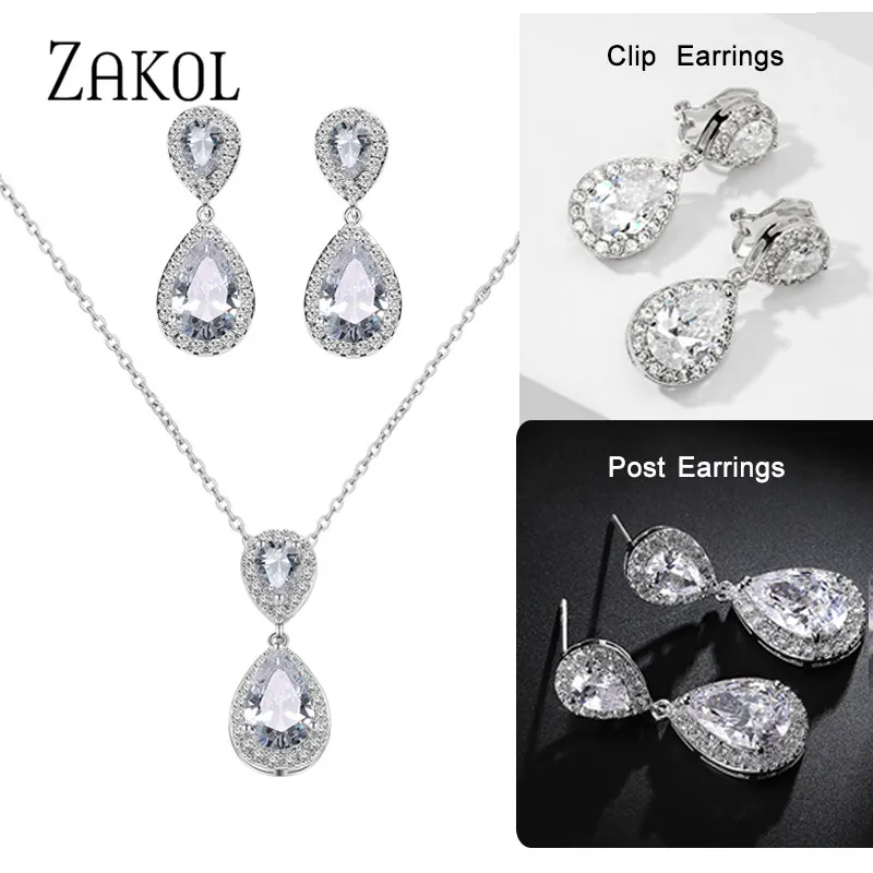 ZAKOL Big Water AAA Cz Zirconia Stone Drop Earrings Necklace Sets for Women Engagement Party Jewelry Gift FSSP263