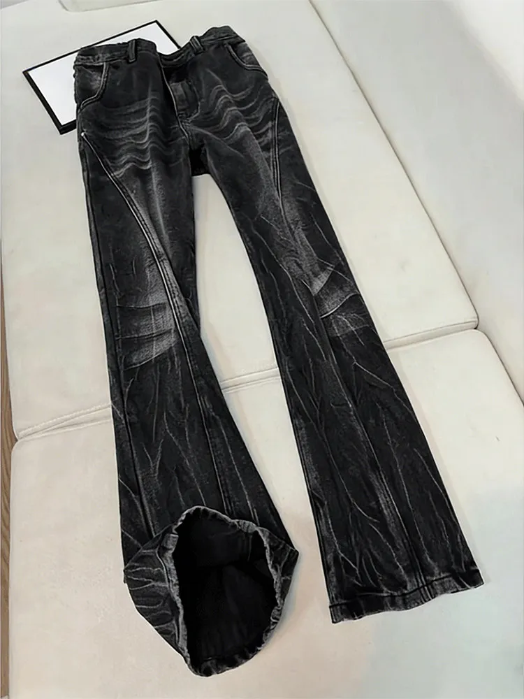 Black Lightning Pattern Slim Fit Straight Leg Jeans Men's Spring Autumn High Waist Zipper Closure Casual Wear Resistant