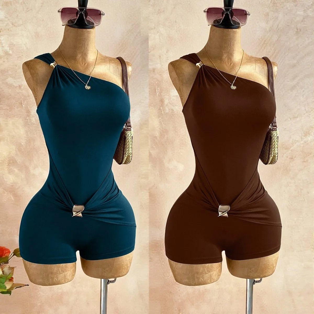 STYLISH LADY One Shoulder Jumpsuit Ruched Waist Metal Detail 2026 Summer Women Sleeveless Bodycon Party Clubwear Catsuits