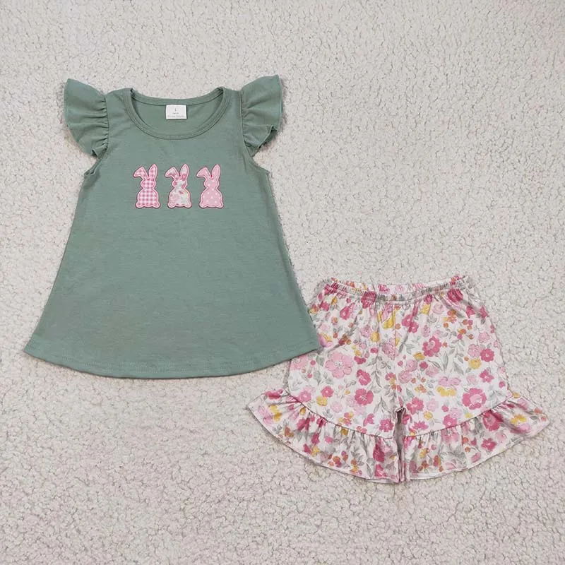 

Kid Happy Easter Spring Children Set Toddler Baby Girl Embroidery Rabbit Bunny Short Sleeves Cotton Top Floral Shorts New Outfit