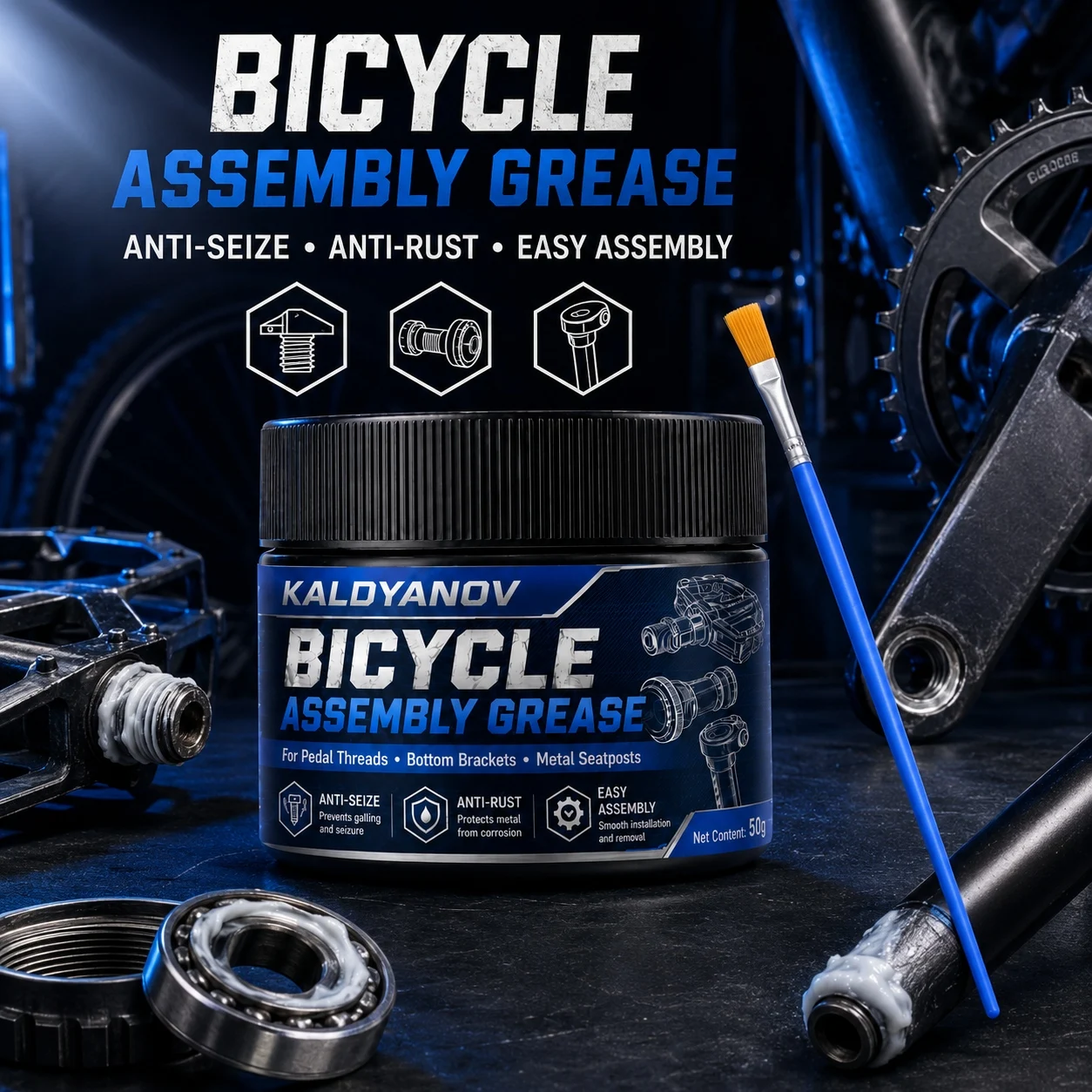 KALOYANOV 50g Bicycle Assembly Grease with Brush, Anti-Seize Anti-Rust Paste for Pedal Threads, Bottom Brackets, Metal Seatposts