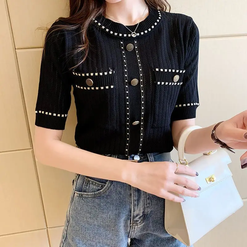 2023 Summer New Short Sleeve Knitting T-Shirts Women Round Neck Button Hollow Out Pullovers Fashion Elegant Sweet Tops Ladies